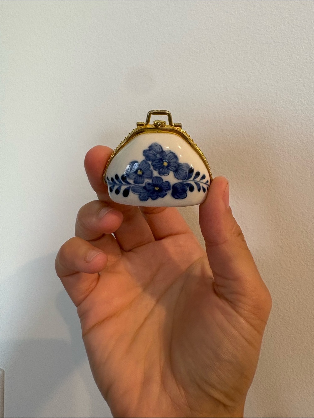Vintage Porcelain Pill Purse Shaped Trinket with Blue Flowers